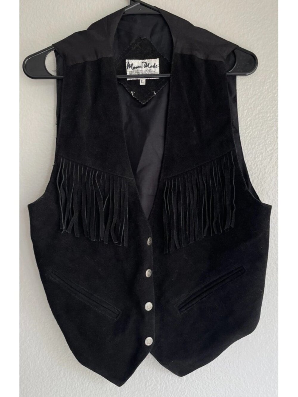 Mona Mode Leather Vest Womens Sz L Black Fringed Western Cowgirl Vintage 80’s